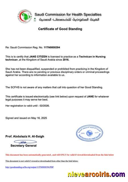 Saudi Arabia certificate of good standing, version 2